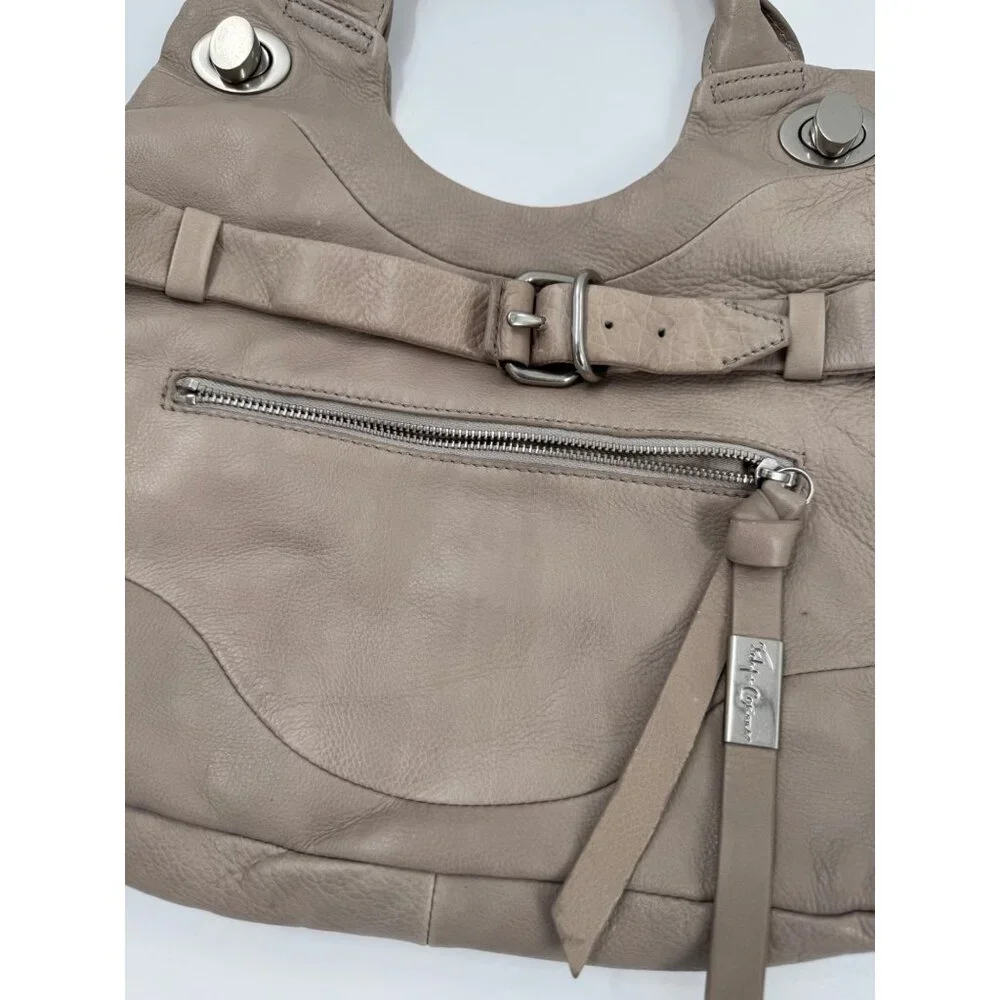 Foley + Corinna Jet Setter Taupe Leather Shoulder Bag With Front Zipper Pocket